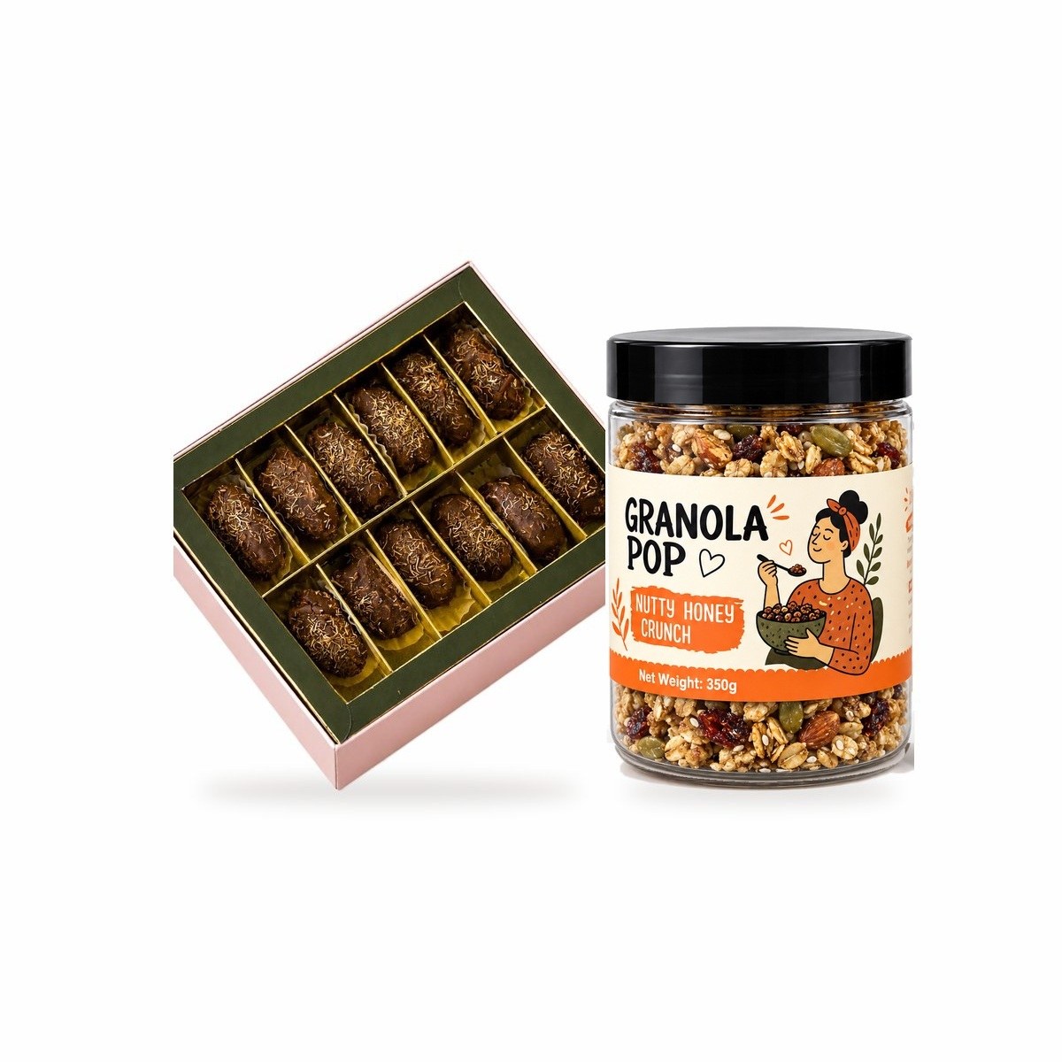 The Gift: Luxury Kunafa dates box and Nutty Honey Crunch granola hamper