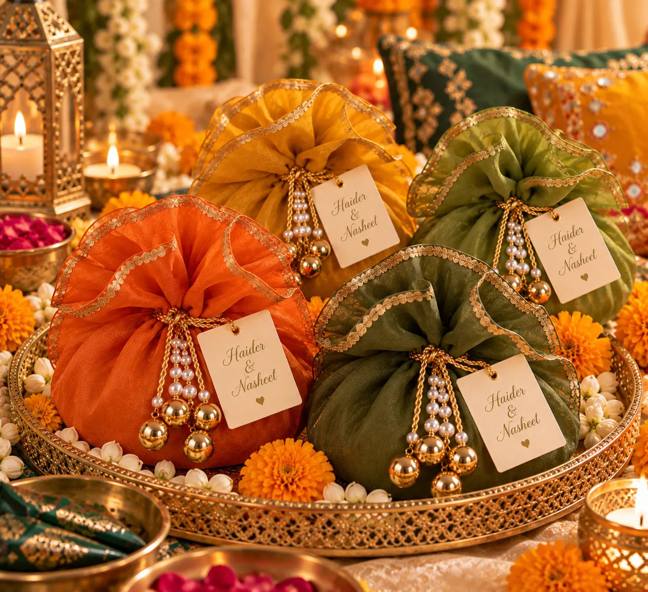 Mehndi tray of organza potlis with personalised name tags
