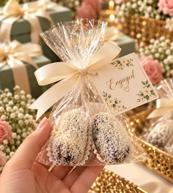 Two coconut dates in a clear favour bag with ivory ribbon and Engaged tag