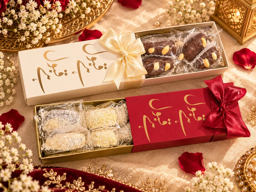 Ivory and red Qabool Hai bid boxes with gold calligraphy, filled with chocolate stuffed dates