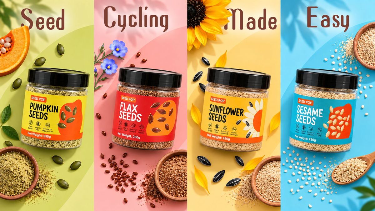 Seed Pop pumpkin, flax, sunflower and sesame jars. Seed cycling made easy.