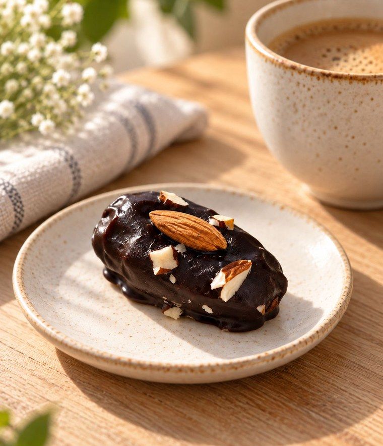 Dark Chocolate Almond, a chocolate coated stuffed date