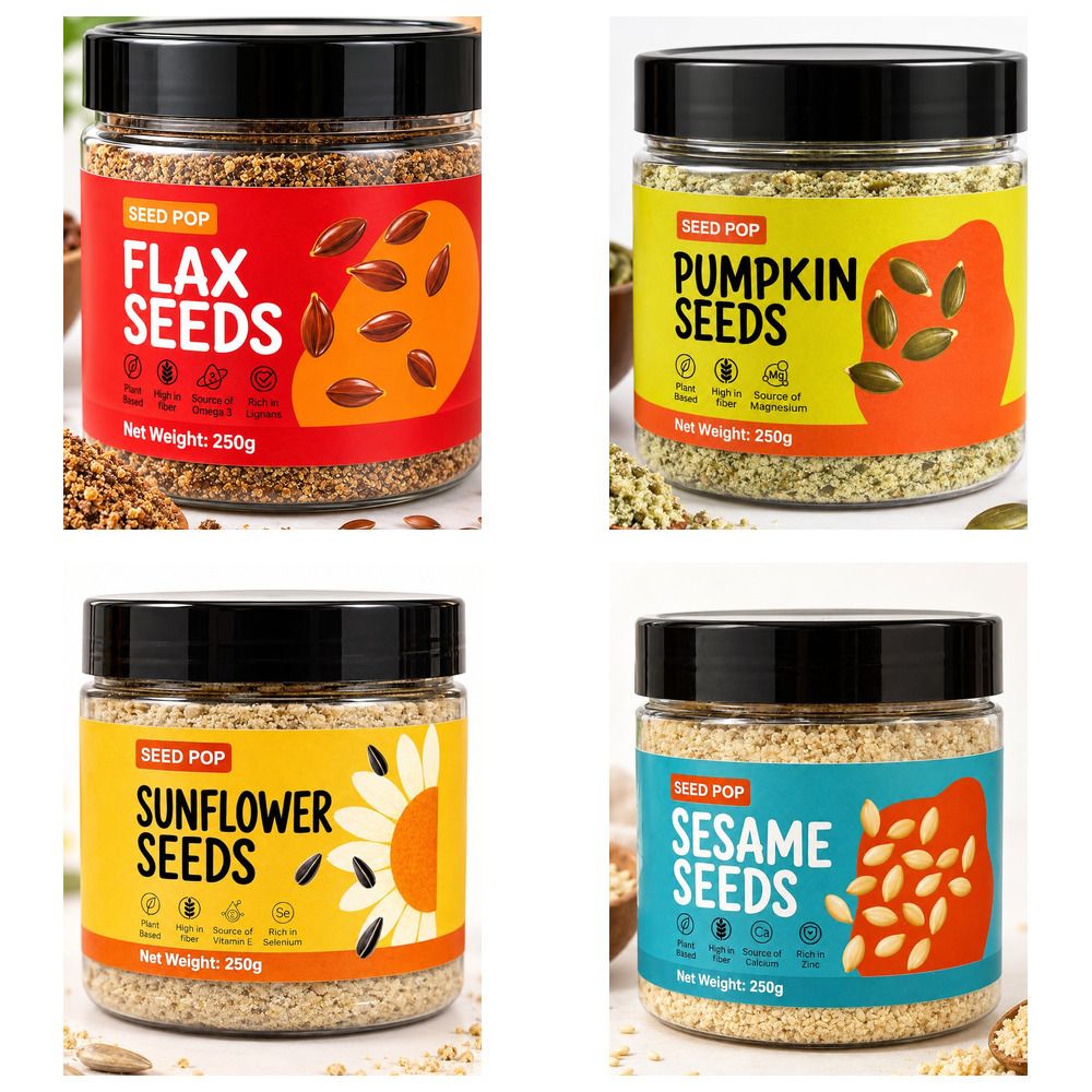 The four Seed Pop jars: flax, pumpkin, sunflower and sesame